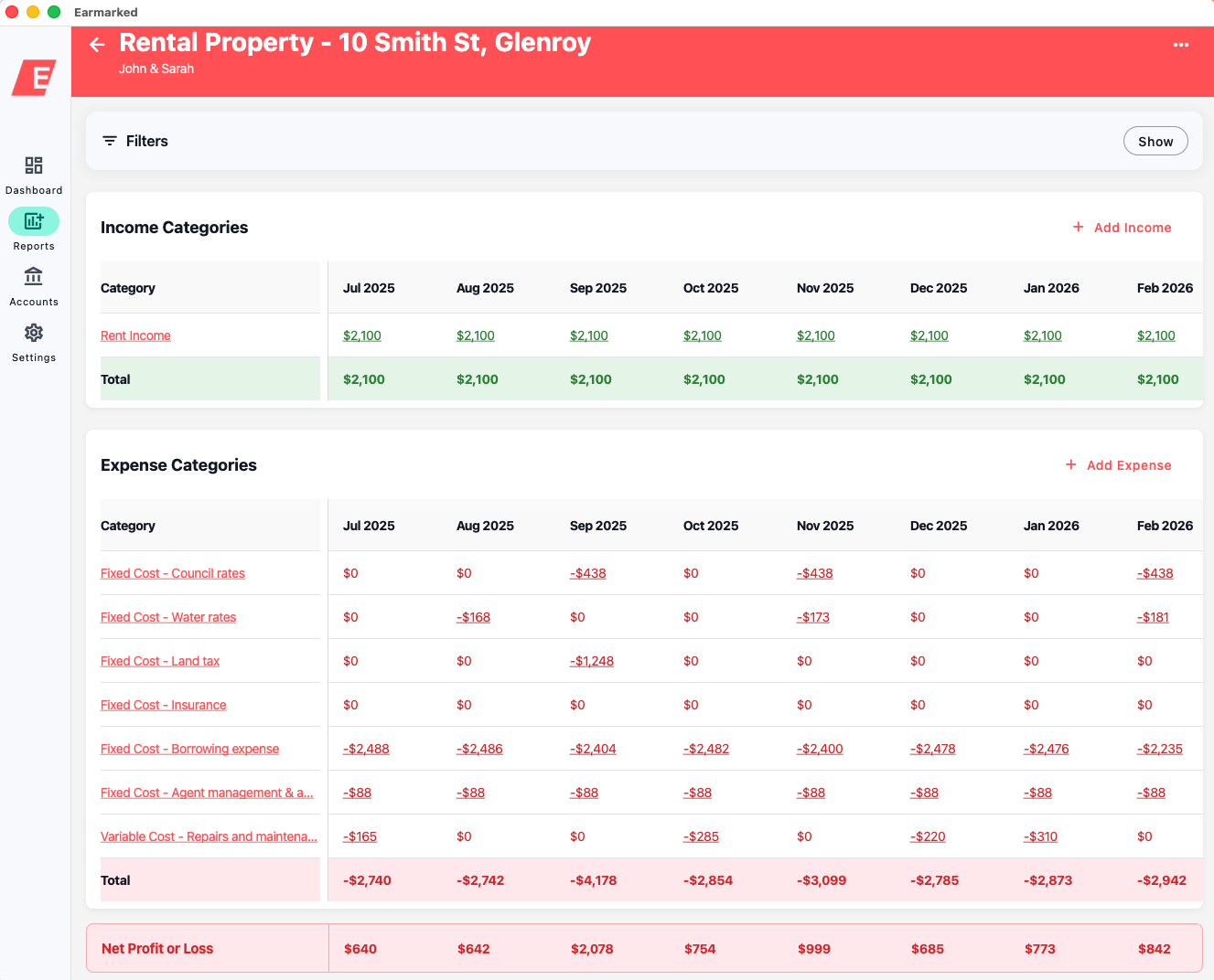 Earmarked rental property report on macOS